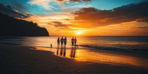 Silhouettes of five people walking on a beach at sunset.