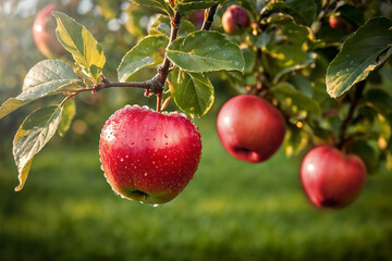 Obraz premium Dew-covered red apples on tree branches