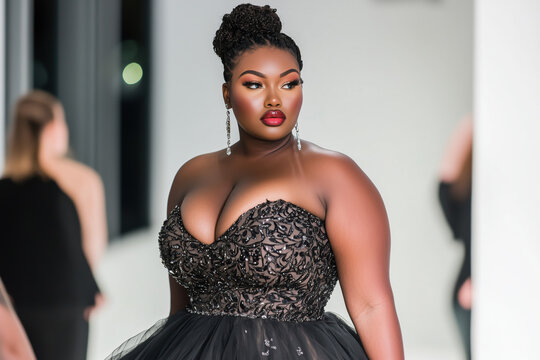 Plus Size African American Woman Exuding Confidence in Elegant Black Gown on Runway - Powered by Adobe