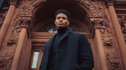 Naklejka premium A man in a black coat stands in front of a building