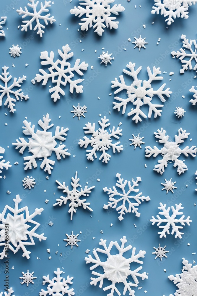 Poster snowflakes on a plain background with copy space.