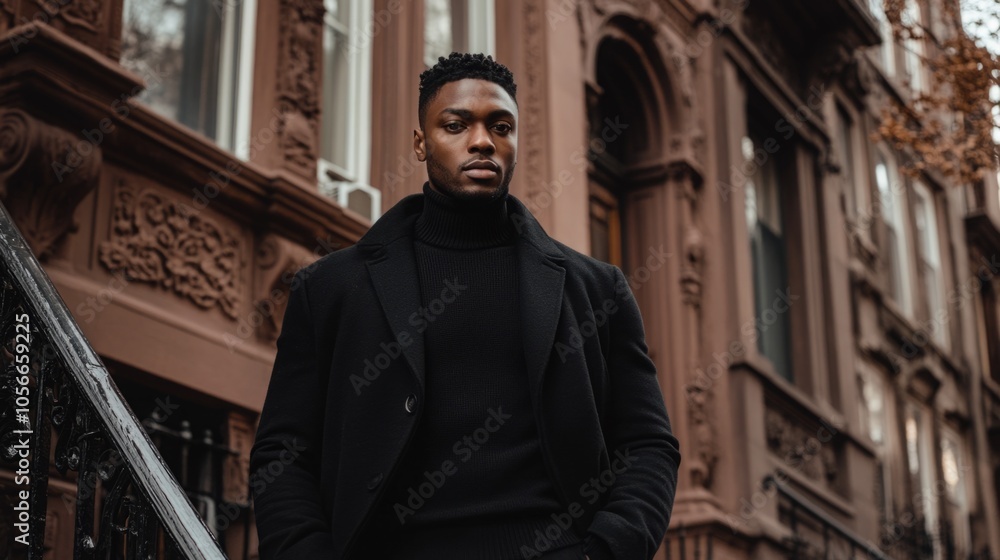 Poster a man in a black coat stands on a sidewalk in front of a building