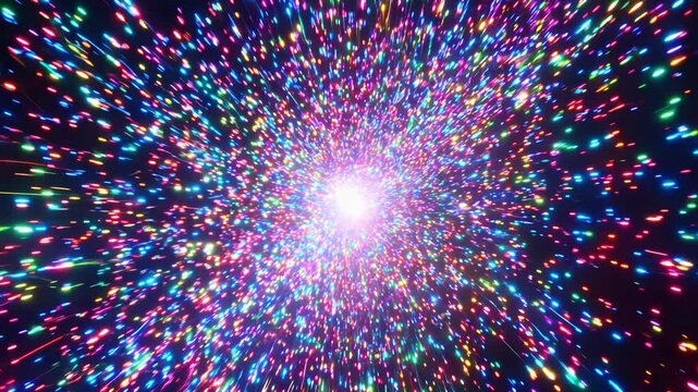Colorful particles exploding outwards from a bright central point