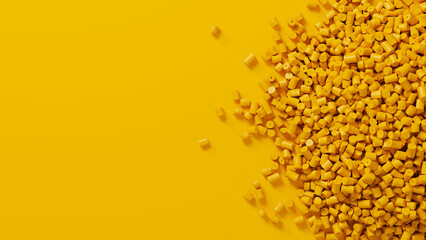 Closeup top view on yellow plastic polypropylene granules heap on yellow backdrop, masterbatch polymer grain pile. HDPE or PVC resin pellets. 3d render illustration