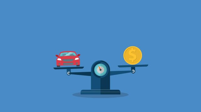 Car and coin on the scale. Vehicle value concept	