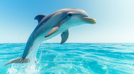 Obraz premium Dynamic Leap: Playful Dolphin in Crystal-Clear Waters - Ultra-Detailed Portrait of a Vibrant Marine Creature Enjoying the Sunlight