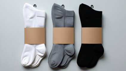 Set of new socks. Socks with clean label for design. Set of socks with cardboard tags for retail. pair of socks in different colors. mock up for advertising, branding, design