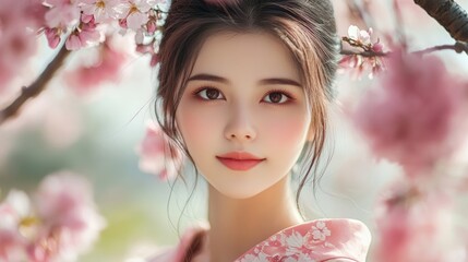 Fototapeta premium Surrounded by delicate cherry blossoms, an Asian girl stands gracefully in a flowing silk kimono in a spring garden.