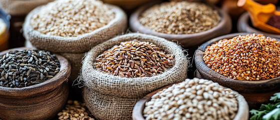 Obraz premium Assortment of Grains in Bowls and Bags.