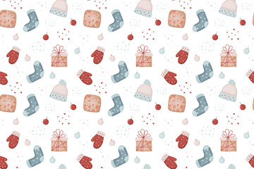 Cute gift boxes with winter clothes seamless pattern. Design for vector illustration, fabric, wrapping, gift, paper, greeting cards.
