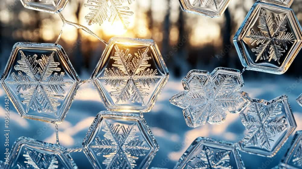 Poster snowflakes arranged in a precise, hexagonal grid on a frosty window, creating a natural geometric pa