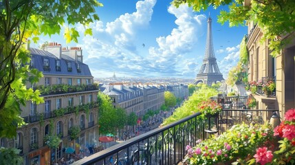 From a Parisian balcony, enjoy the Eiffel Tower amid flowers, bustling cafés, and golden sunlight.