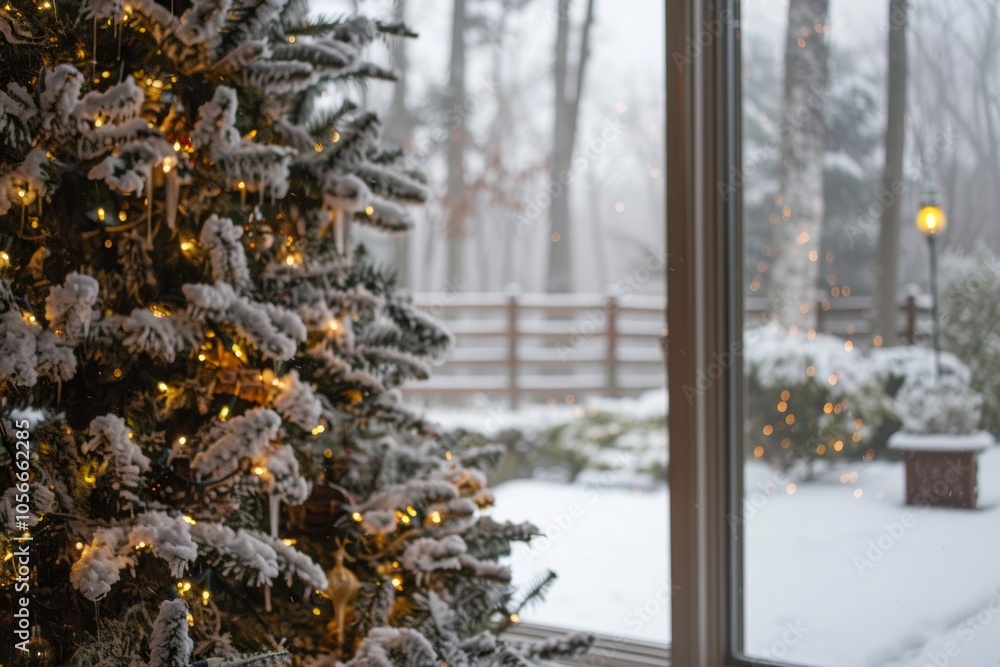 Poster a christmas tree with lights and snow on it is in front of a window. the snow outside the window cre