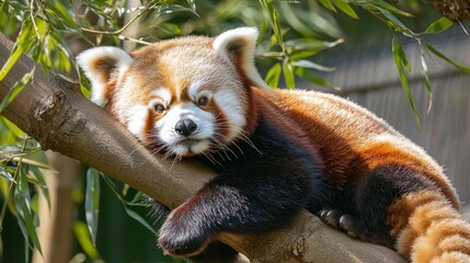 Fototapeta premium Enchanting Red Panda Relaxing on Bamboo Tree Branch - Ultra-Detailed Portrait of Playful and Tranquil Animal with Soft Fur and Cute Expression