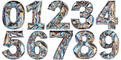 Metallic foil balloon numbers from zero to nine with holographic shine cut out on transparent background