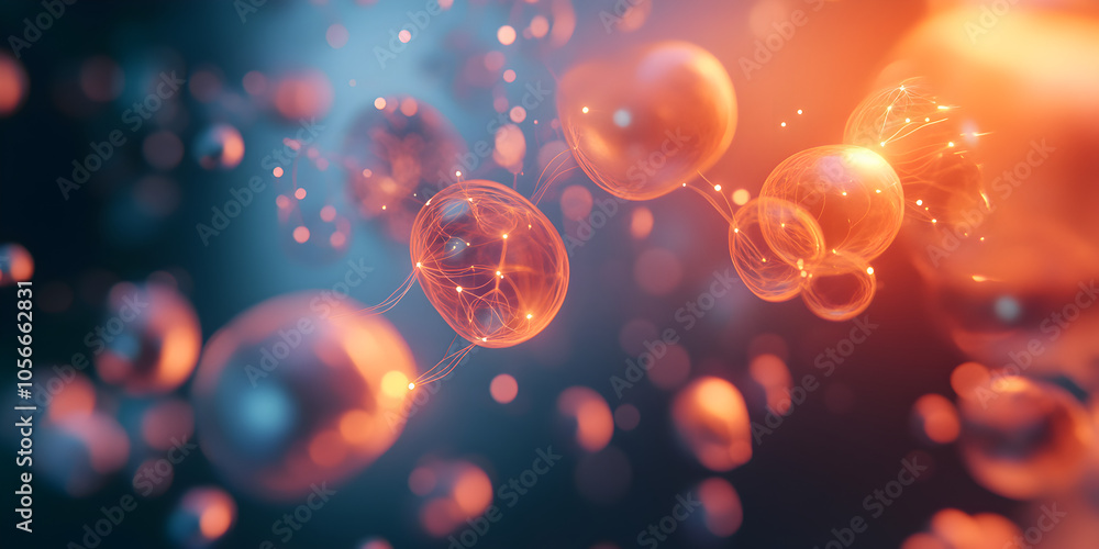 Poster celestial dance of bubbles: abstract art featuring iridescent bubbles floating in a dark space, illu