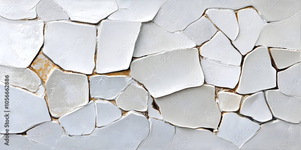 Poster white tile mosaic: a close-up shot of a white tile mosaic with a unique, irregular pattern. the brok