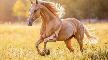 Fototapeta premium Majestic Horse Galloping Through Sunlit Meadow, Exuding Freedom and Grace in Dynamic Movement with Vivid Colors and Ultra-Detailed Features