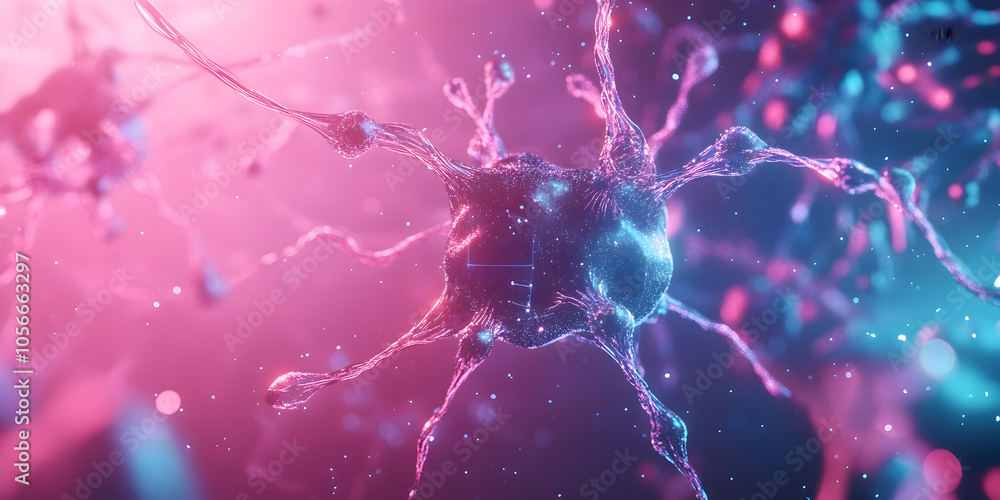 Aufkleber neural network abstract: microscopic view of a vibrant neuron, its intricate branches glowing with b