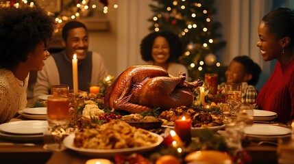 Family dinner with turkey and Christmas decor