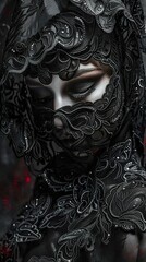 Mysterious Woman in Black Lace Veil: A Portrait of Intrigue