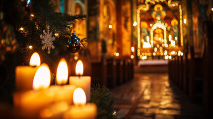 Lit Candles in Beautifully Decorated Church Interior