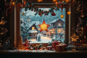 Cozy Christmas Window Decorated with Fairy Lights, Garlands, and Star Ornaments, Overlooking a Snowy Evening Landscape with Trees and Houses.