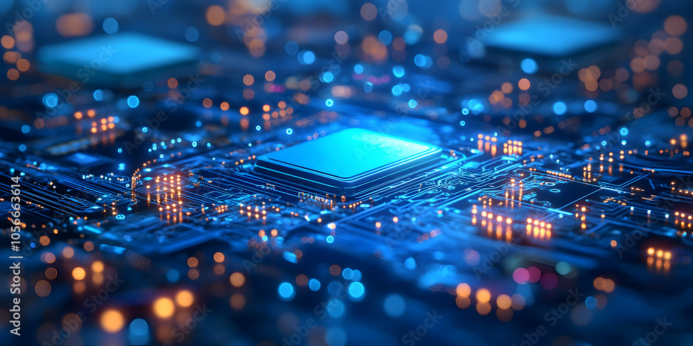Poster the heart of innovation: a mesmerizing close-up of a powerful microprocessor, its glowing blue core 