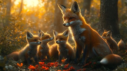 A mother fox sits with her four kits in a forest clearing, bathed in the warm glow of the setting sun.