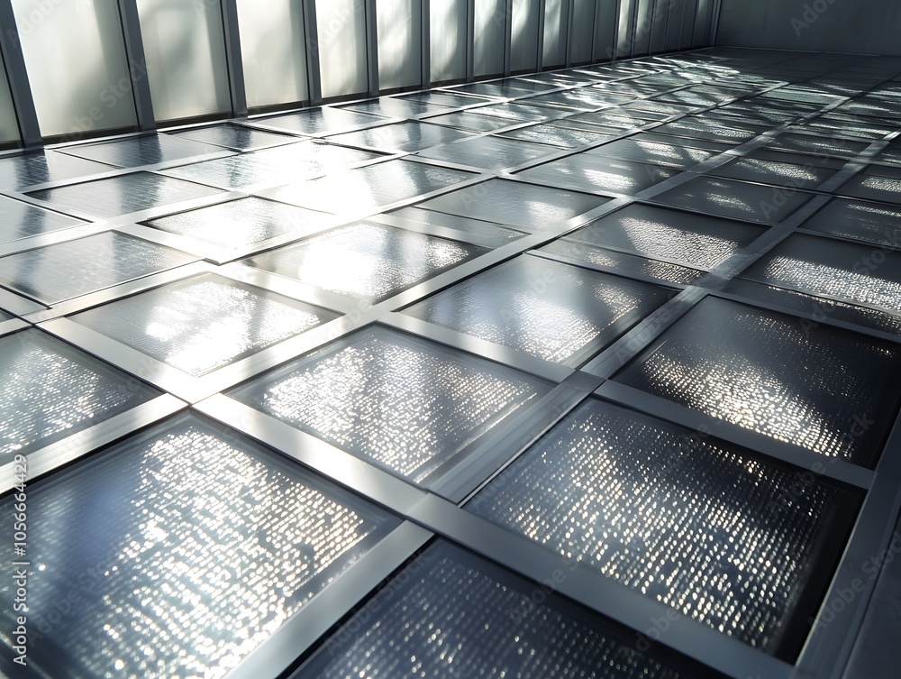 Poster a modern architectural space featuring a reflective floor with intricate patterns and light play.
