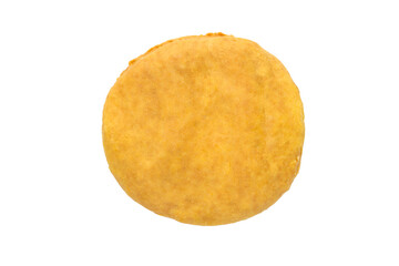 Simple round cookies on a white background. Yellow homemade cookies top view.