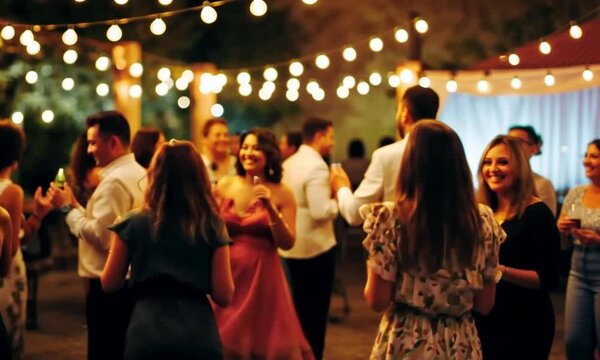 Outdoor Evening Party with Festive String Lights and Guests Enjoying