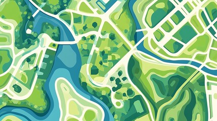 A stylized map of a city with a river running through it.