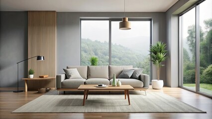 Fototapeta premium Modern Living Room with Large Windows Offering a View of a Lush Green Landscape and Wooden Wall Decor