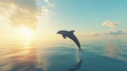 Fototapeta premium A dolphin performing a high jump and spin above the water, with a backdrop of a serene ocean 