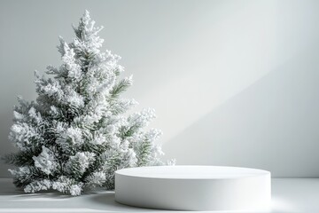 Minimalist Christmas scene with white podium and snow-dusted pine tree on cotton cloud base, ideal for product display with soft lighting and clean, cool tones.