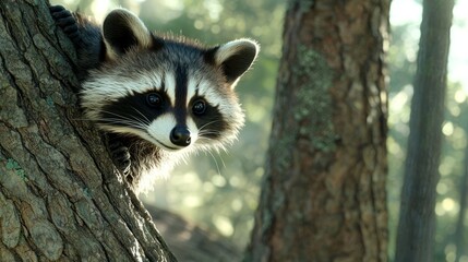 Curious Raccoon Playfully Peeking Behind Tree in Detailed Forest Portrait