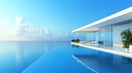 Fototapeta premium Futuristic island house with a private pool, clean lines and panoramic windows, set amidst calm blue water Cinematic perspective highlighting the elegance of isolated luxury living