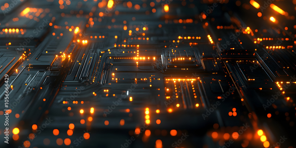 Poster circuitry glow: a mesmerizing abstract close-up of a futuristic circuit board, showcasing a network 