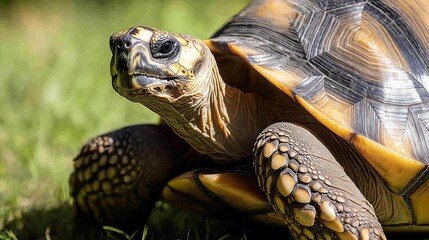 Obraz premium Serene Tortoise Sunbathing: Detailed Close-up of Peaceful Reptile with Textured Shell in Warm Sunlight, Slow Life Beauty