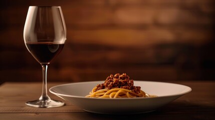 Naklejka premium Spaghetti with Meat Sauce and a Glass of Red Wine