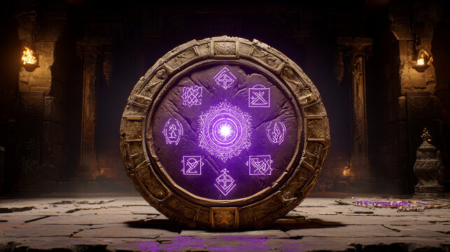 Ancient stone shield with mystical symbols and glowing center, set in dimly lit temple. intricate engravings evoke sense of mystery and power