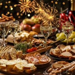 New Year Eve celebration with food and fireworks