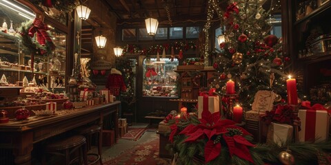 Fototapeta premium Christmas props and decorations captured from the back, creating a warm, festive atmosphere.