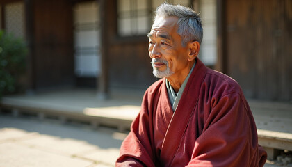 Elderly Japanese man in traditional attire reflects peacefully in a serene courtyard during sunny daylight