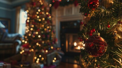 A Christmas tree with a red ornament hanging from it. The room is decorated with lights and presents