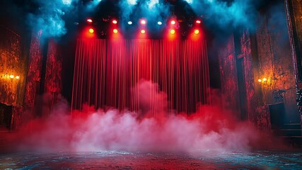 Stage with red curtains, spotlights, and smoke, generative ai