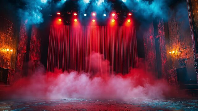 Stage with red curtains, spotlights, and smoke, generative ai