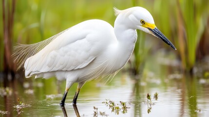 Obraz premium Majestic Snowy Egret in Tranquil Marsh with Sunlight and Reflections