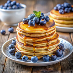 Pancakes served with blueberries and syrup on ceramic plate – Panqueques servidos con arándanos y jarabe en plato cerámico